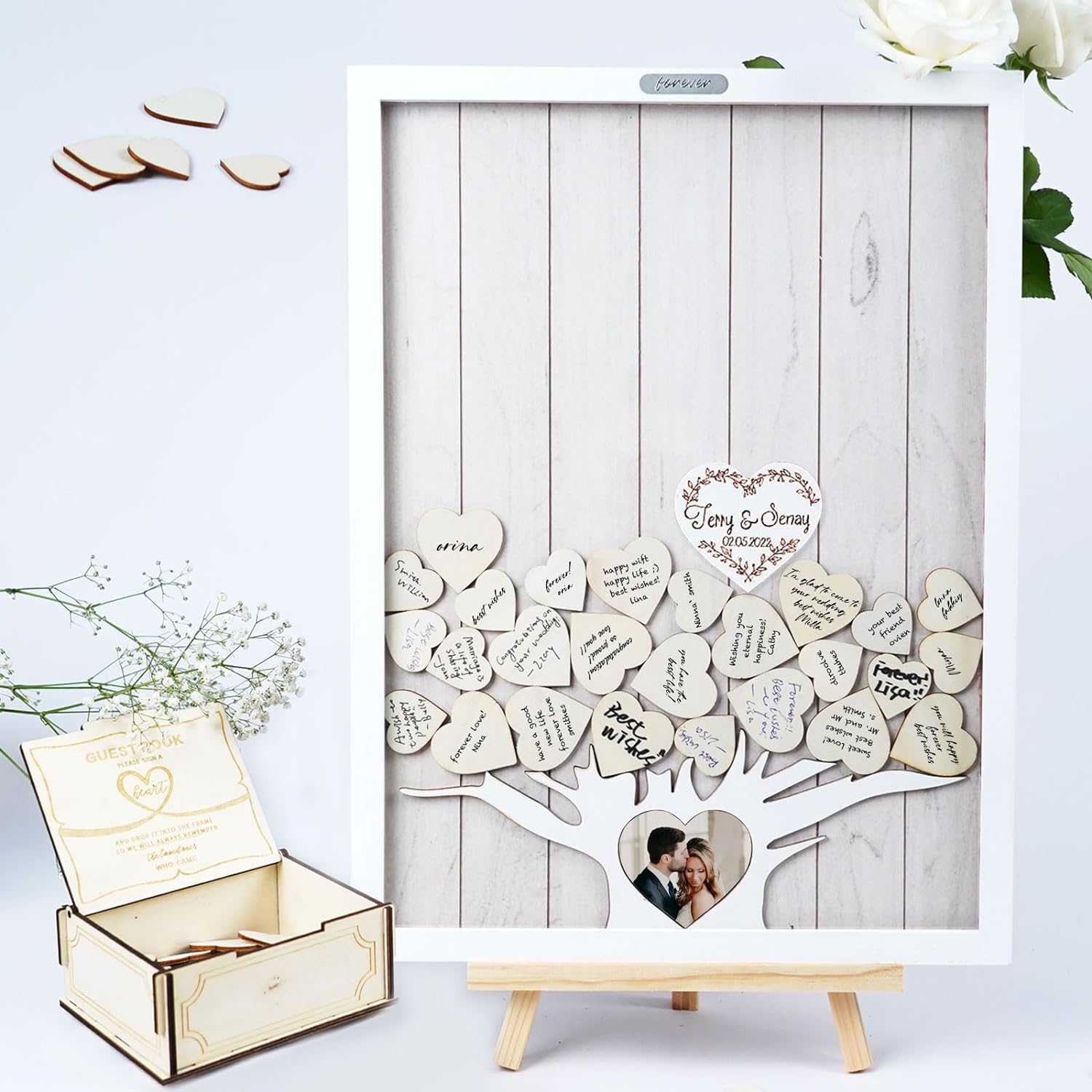 JupDec Heart Drop Guest Book front view showing wooden frame with acrylic cover and heart-shaped drops.