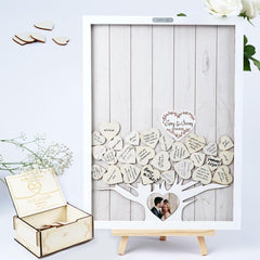 JupDec Heart Drop Guest Book front view showing wooden frame with acrylic cover and heart-shaped drops.
