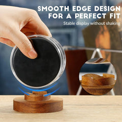 Signed hockey puck displayed in clear hockey puck case with wood base for protection and display