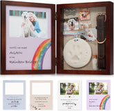 Front view of JupDec brown pet memorial shadow box with photo and paw print kit