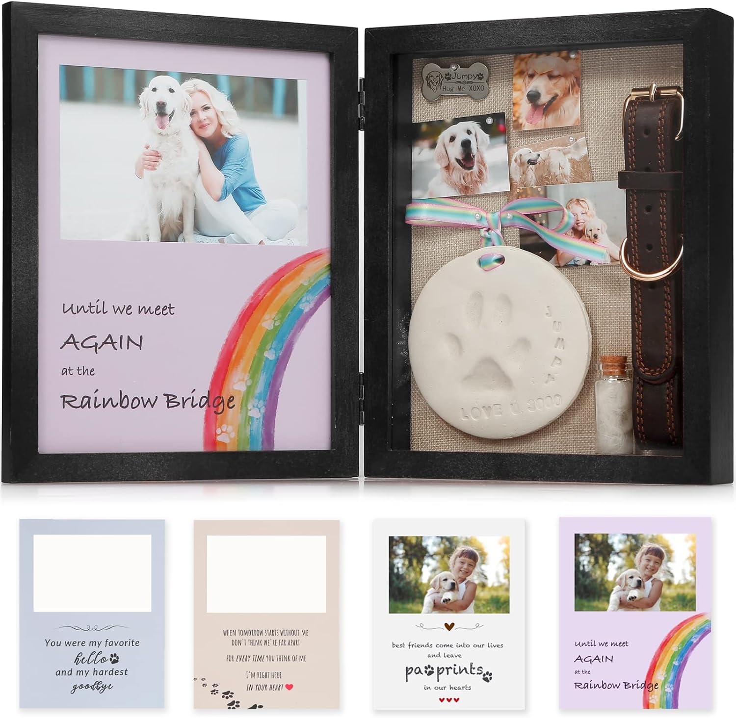 Front view of JupDec pet remembrance box with photo and keepsakes