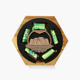 Single honeycomb-style JupDec medal display with wood frame and magnetic plate, ideal for marathon and sports medals