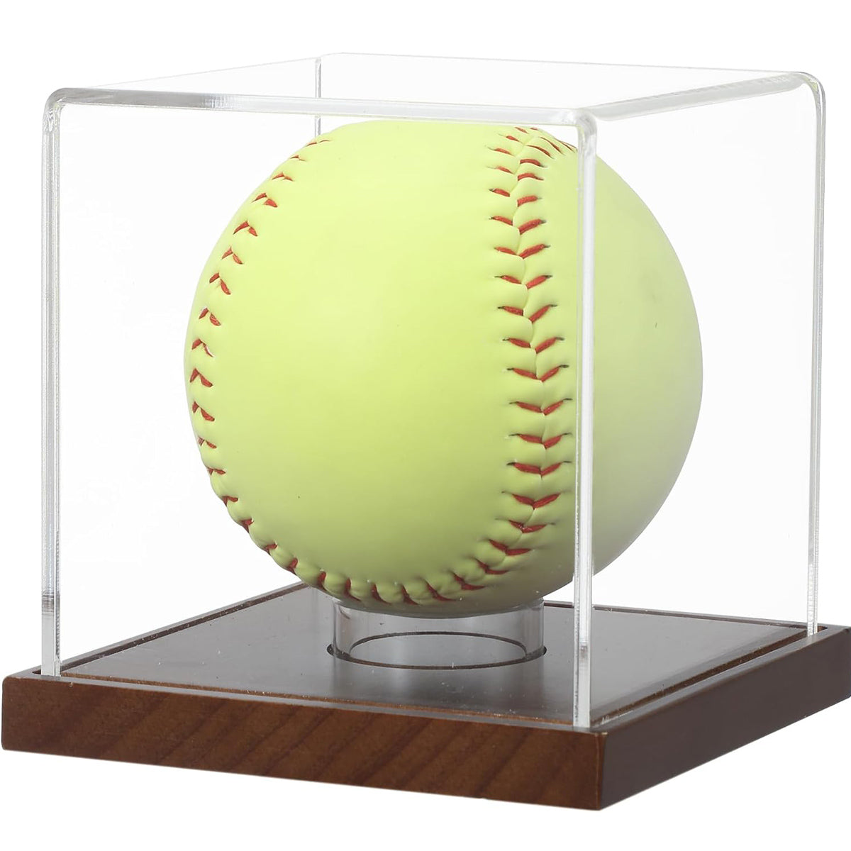 JupDec softball display case with clear acrylic cube and solid wood base, front view showing crystal clear visibility and UV protection.