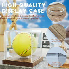 Side view of JupDec acrylic softball display case showcasing sturdy 3mm thick acrylic and 0.6-inch Arabic gum wood base.