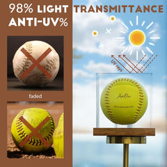 Close-up of JupDec softball display case highlighting superior UV protection preserving autograph and ball quality.