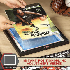 Magazine picture frame with double-layer cardstock preventing sticking and preserving magazine condition.