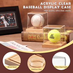 Close-up of pine wood base for baseball display case, highlighting the sturdy construction and elegant finish.