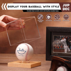 Signed baseball securely showcased in a clear acrylic cube with pine wood stand, ideal baseball holder for collectors.