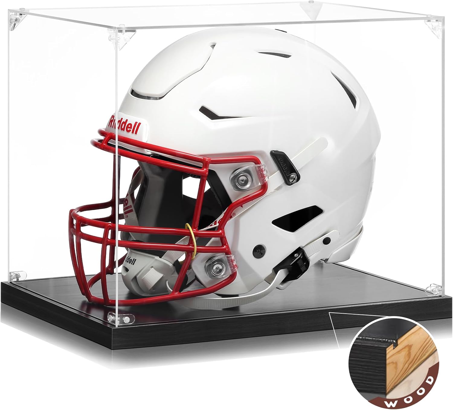 Front view of JupDec full size helmet display case showcasing a football helmet in a clear acrylic box with wooden base