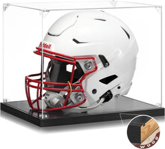 Front view of JupDec full size helmet display case showcasing a football helmet in a clear acrylic box with wooden base