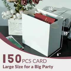 White acrylic card box used at wedding reception for collecting guest cards and envelopes.