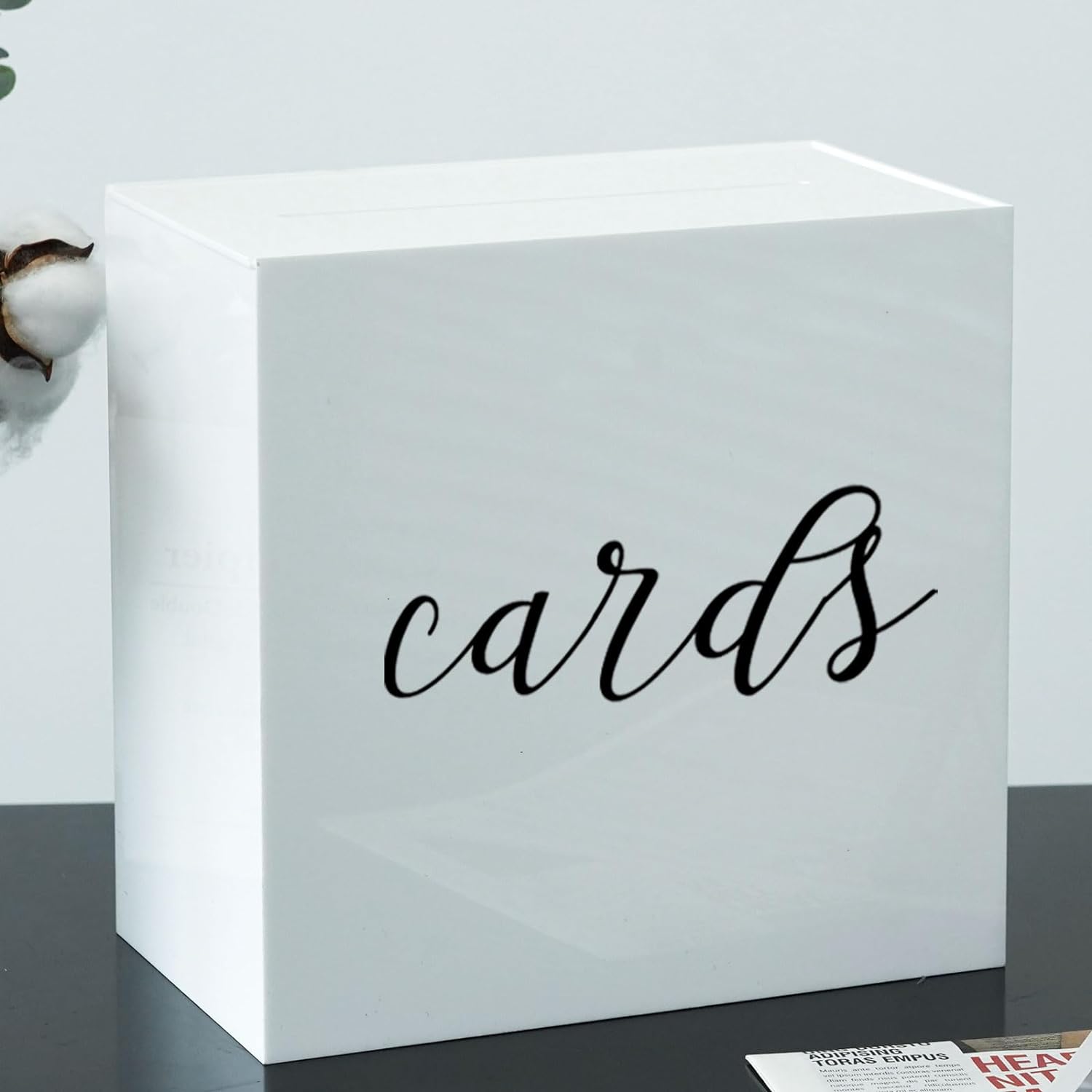 Elegant white acrylic wedding card box with slot, perfect for reception table gift cards.