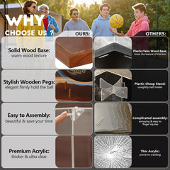 Comparison between JupDec brown basketball display case and other common cases showing superior acrylic clarity and solid wood quality