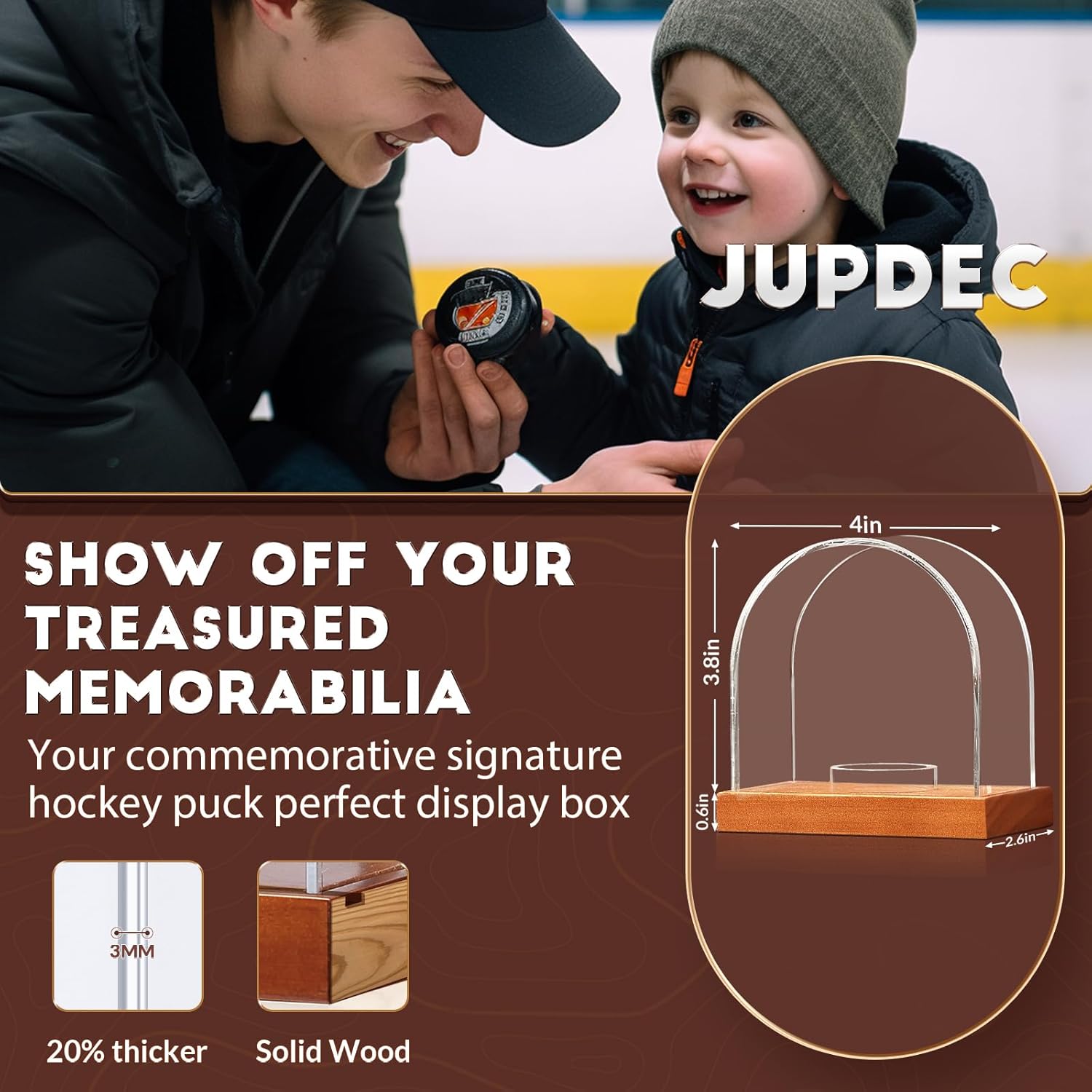Crystal-clear hockey puck case offering 360-degree visibility and dust protection.