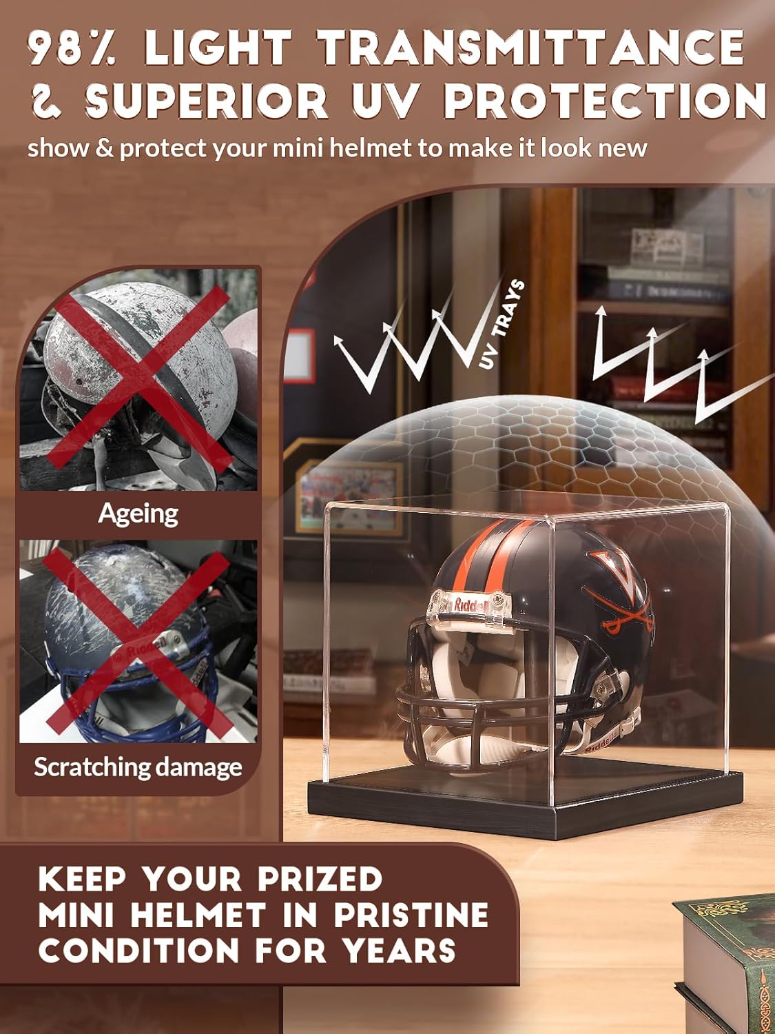 Mini helmet display case with UV-resistant acrylic to prevent fading and aging of signed mini helmets