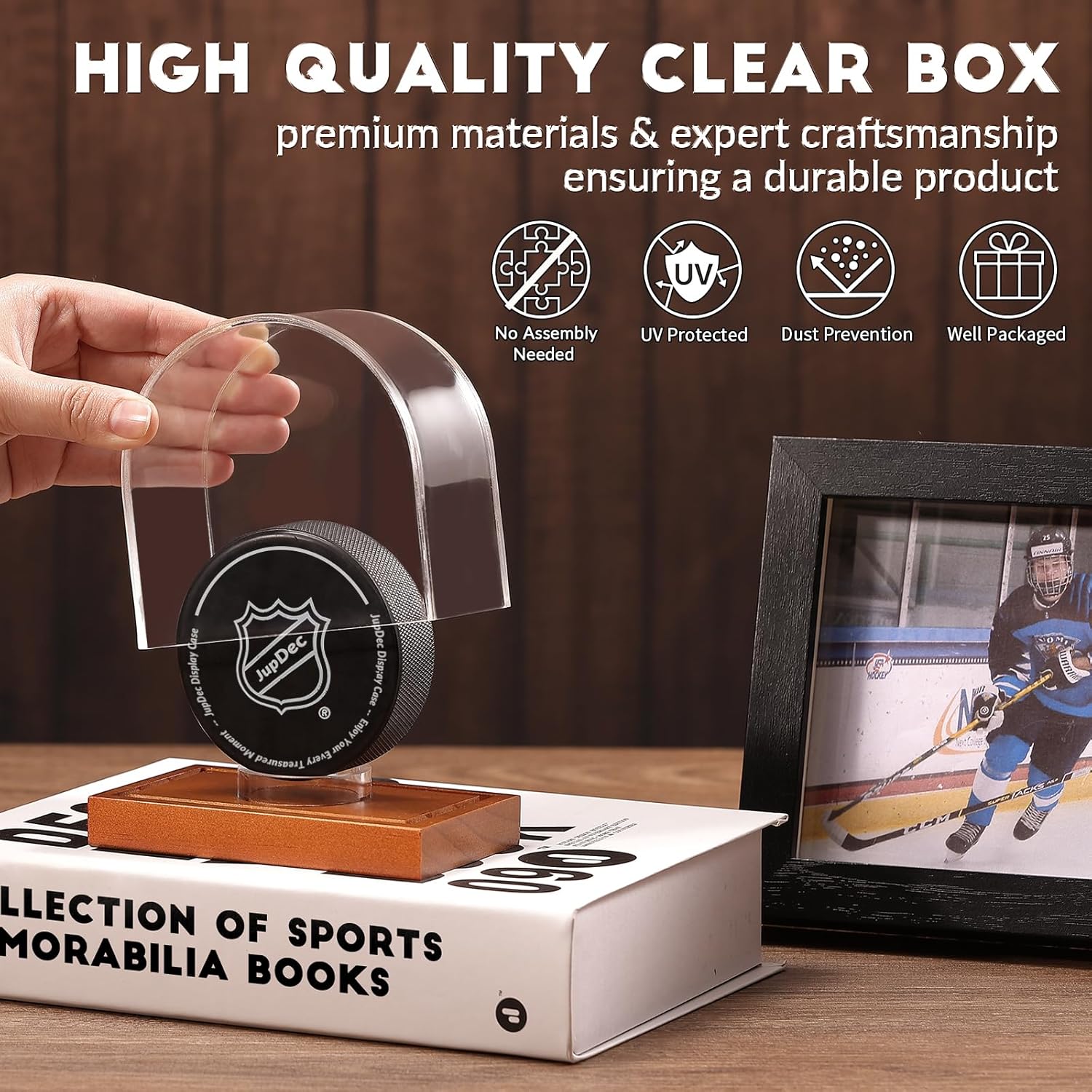 Acrylic hockey puck case with circular support ring to keep pucks centered and secure.