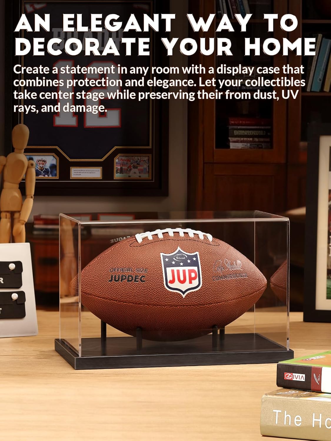 Signed football displayed in a JupDec case on shelf or desk, perfect for home or office decor