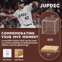 Autograph baseball displayed in premium baseball cube with clear acrylic cover and pine wood base.