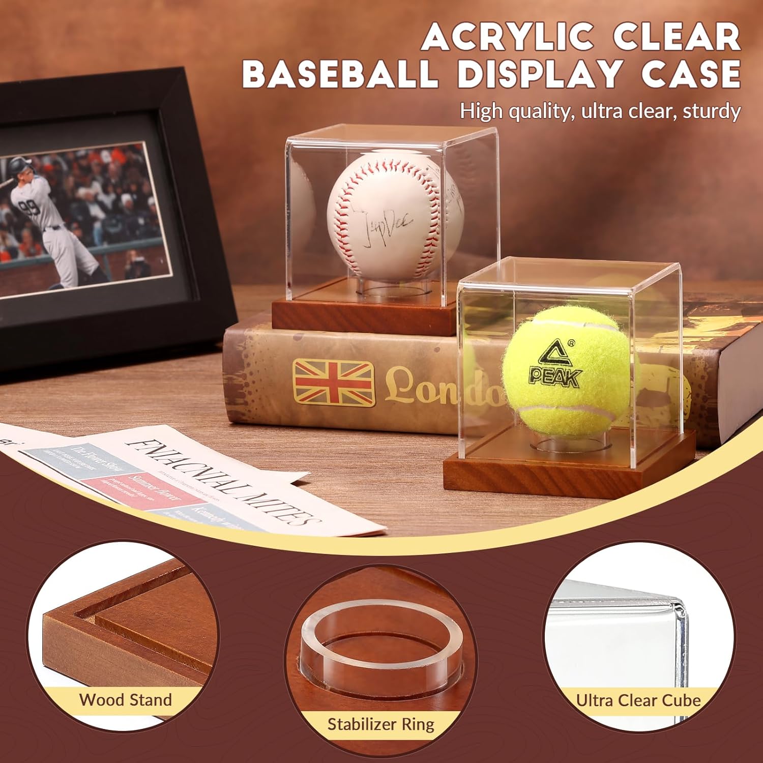 Close-up of the acrylic baseball cube and wooden base construction