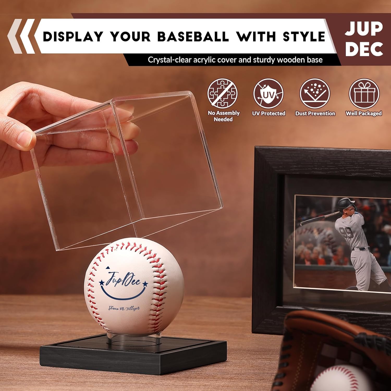 Signed baseball in display holder case with UV-protected acrylic and wooden stand – best case for baseball preservation.

