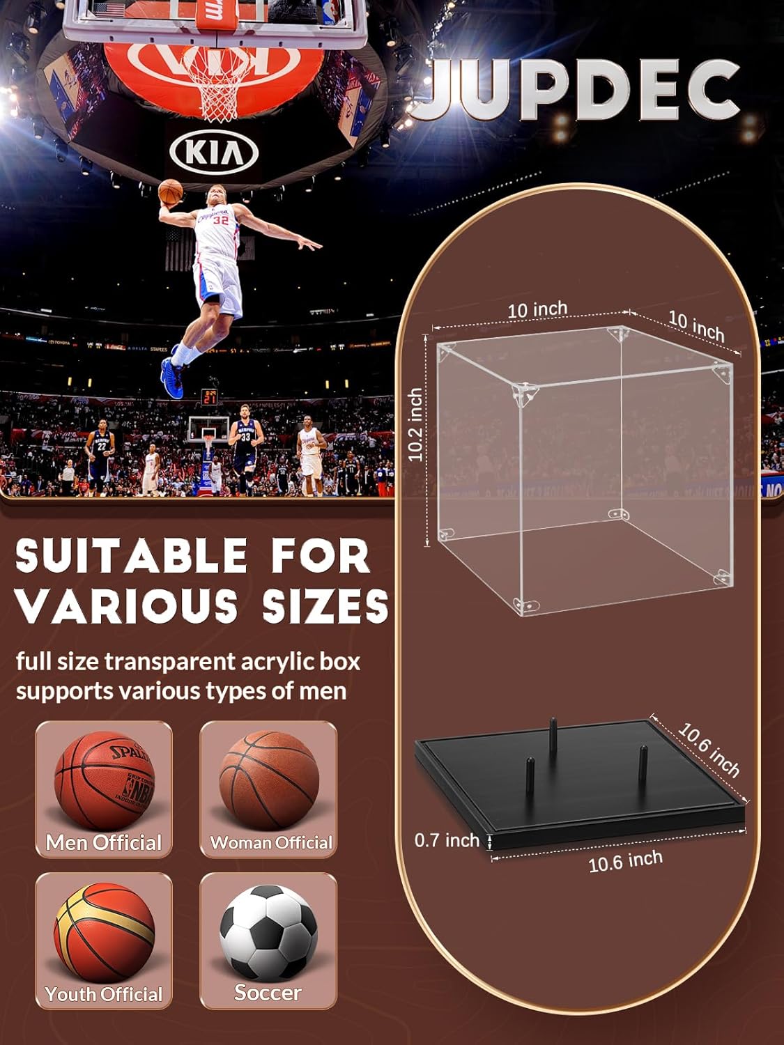 JupDec Basketball Display Case Full Size 10" Acrylic Display Box with UV Protection & Solid Wood Base, for NBA/WNBA Autographed Ball, Soccer Ball & Memorabilia Black JupDec Basketball Display Case Full Size 10" Acrylic Display Box with UV Protection & Solid Wood Base, for NBA/WNBA Autographed Ball, Soccer Ball & Memorabilia Black