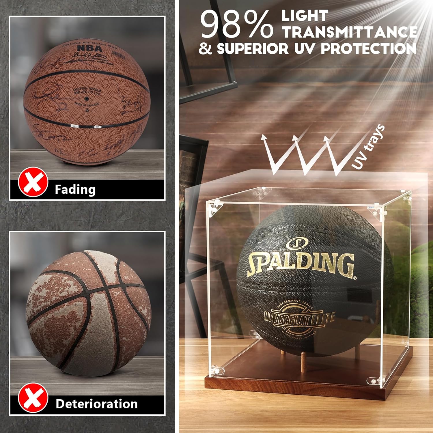 UV-protected clear acrylic cover of JupDec display case protecting basketball from fading and dust