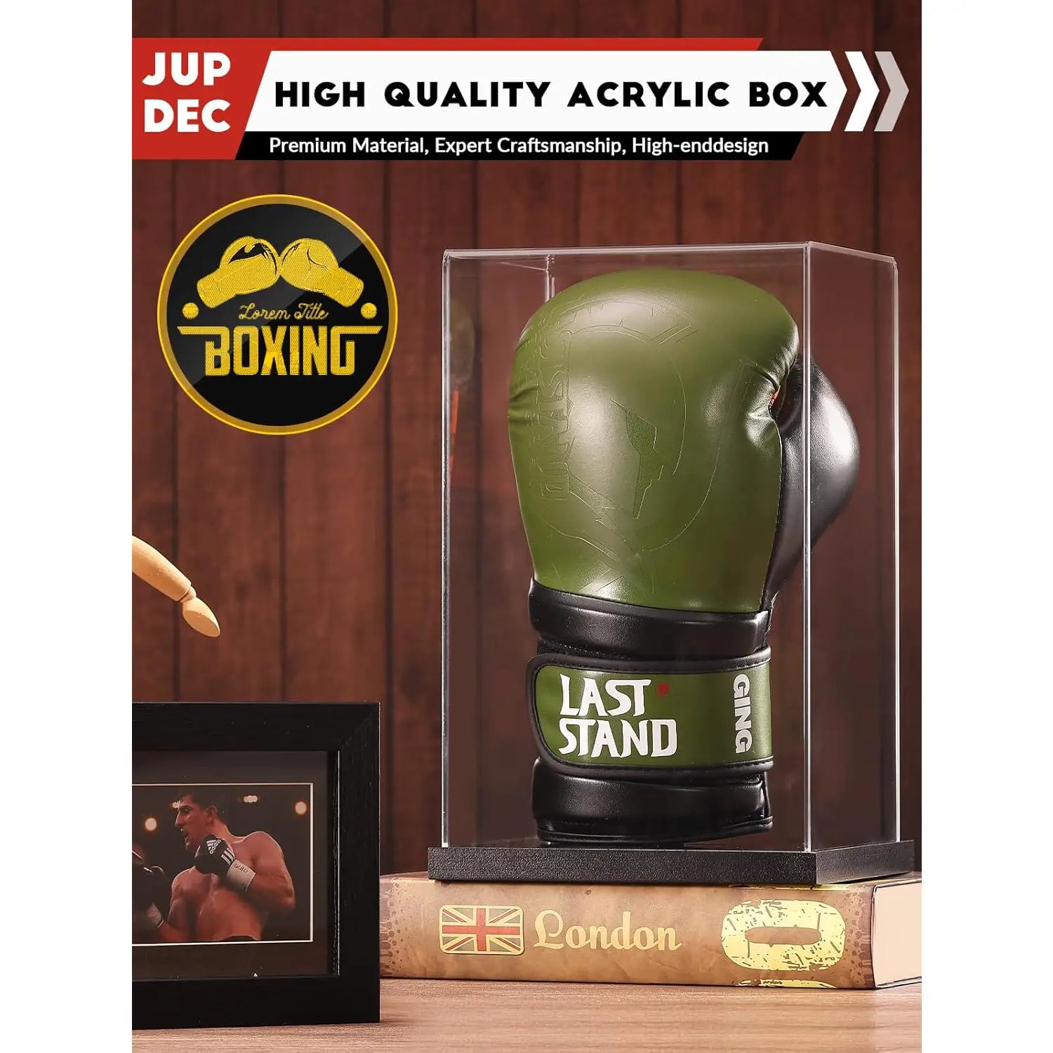 Close-up of adjustable wooden plank inside boxing glove display box for left or right glove positioning