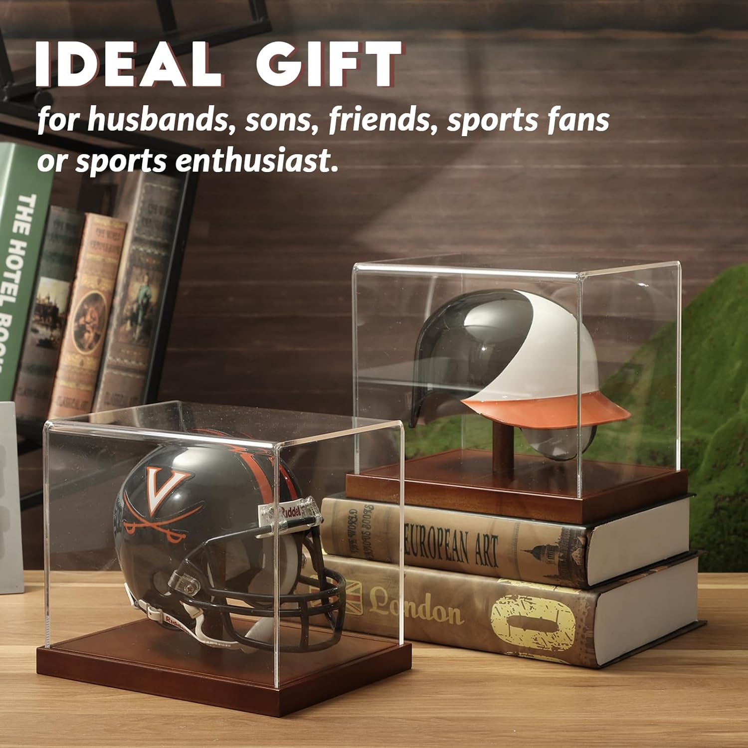 Baseball mini helmet placed inside JupDec brown base mini helmet display case with crystal clear acrylic