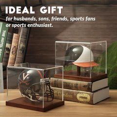 Baseball mini helmet placed inside JupDec brown base mini helmet display case with crystal clear acrylic