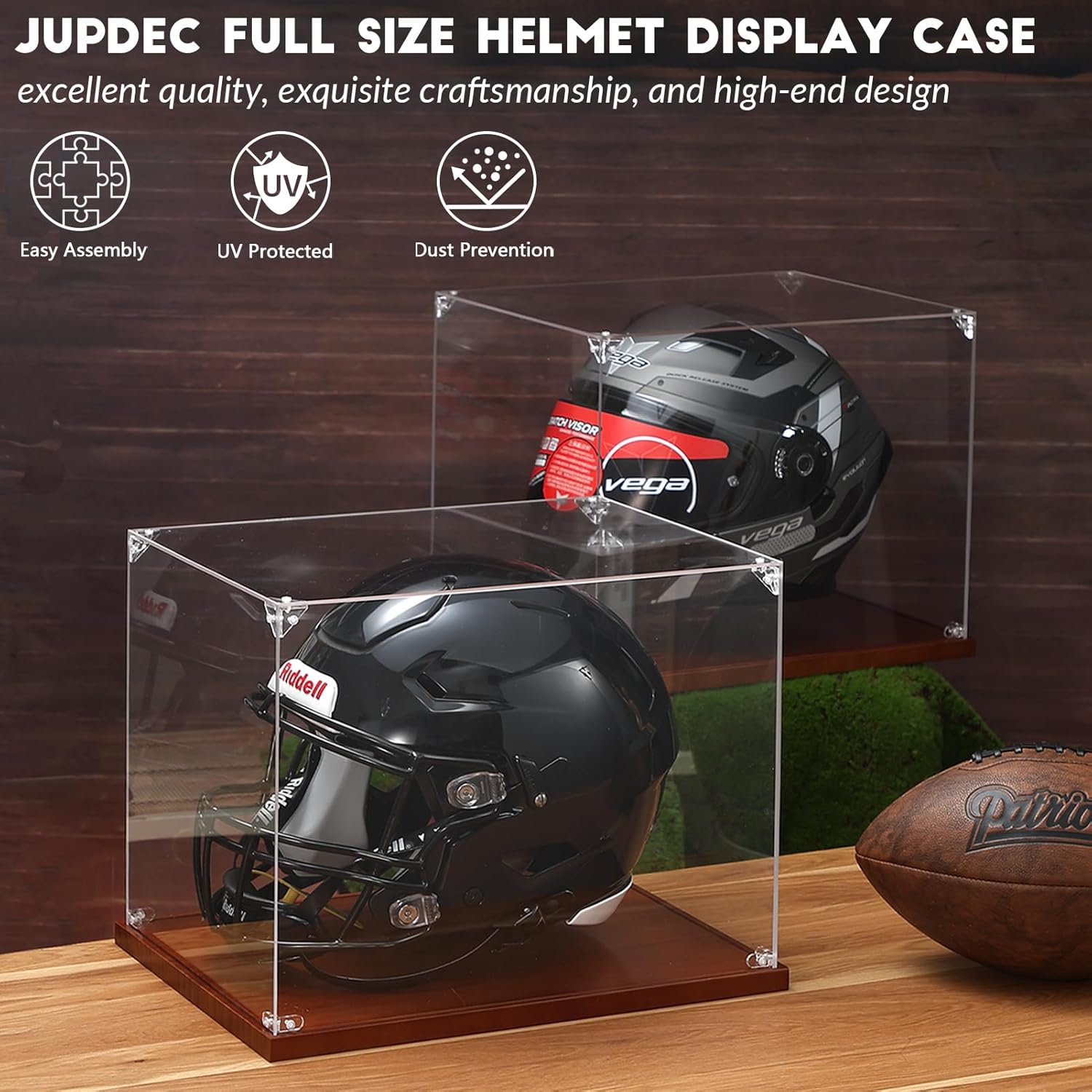 Football helmet displayed in brown base full size acrylic helmet display case with 360° visibility and UV protection