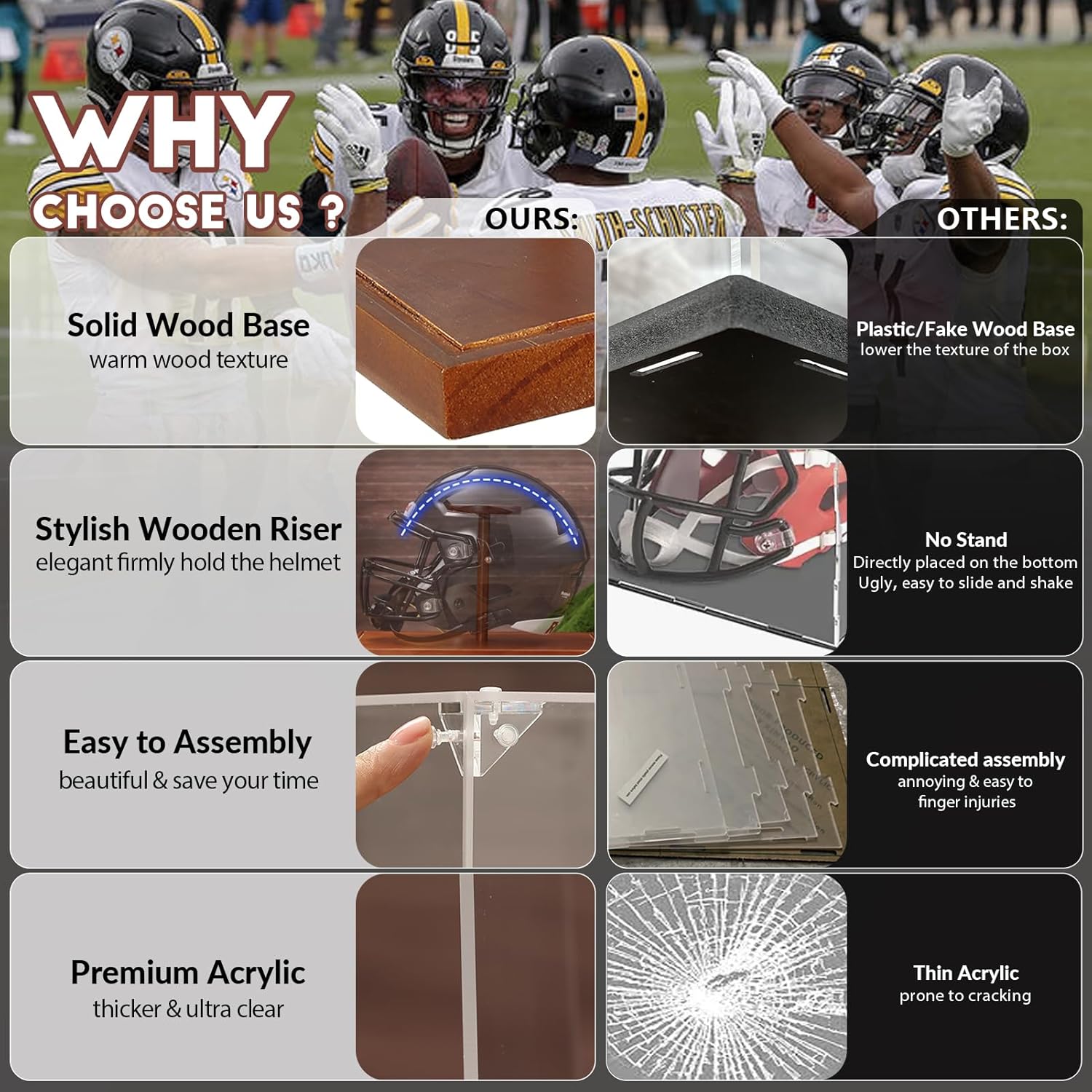Close-up of premium brown solid wood base and thick acrylic panels on the JupDec helmet display case full size