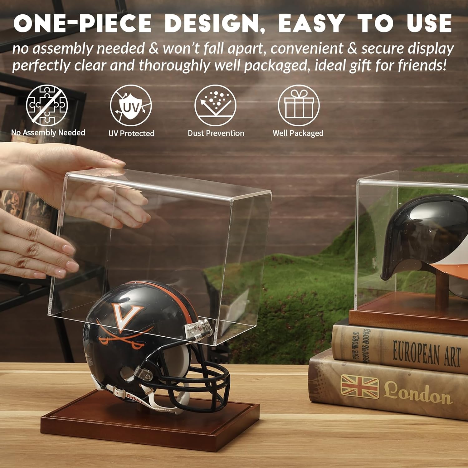 Easy-to-assemble one-piece JupDec mini helmet display case with brown base and no-tool setup