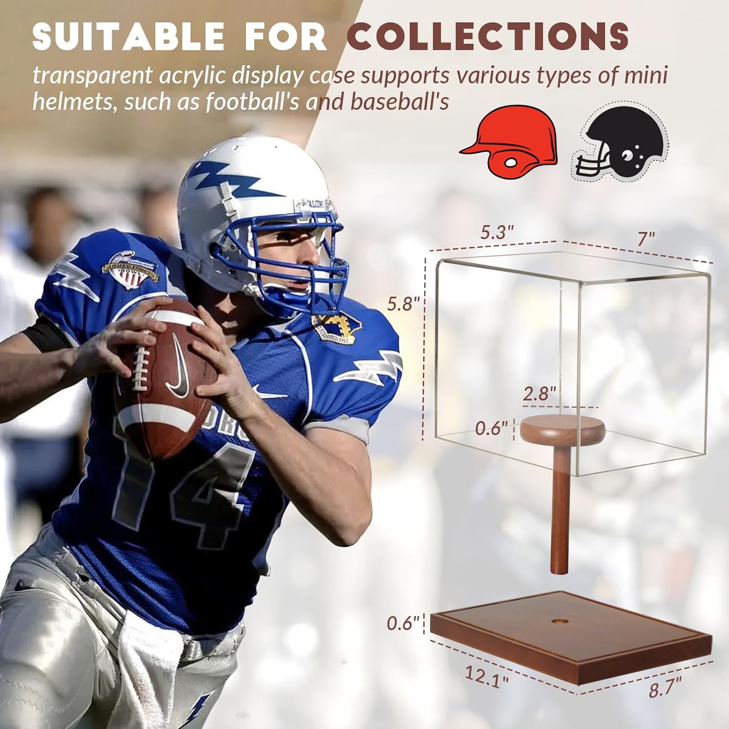 Dimensions and internal space of the JupDec mini helmet display case with brown wooden base