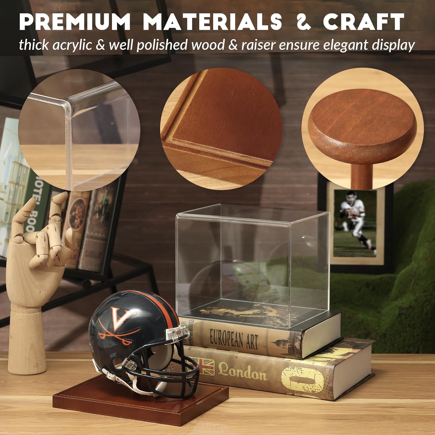 Close-up of JupDec mini helmet display case showing rich brown solid wood base with smooth finish and fine grain texture
