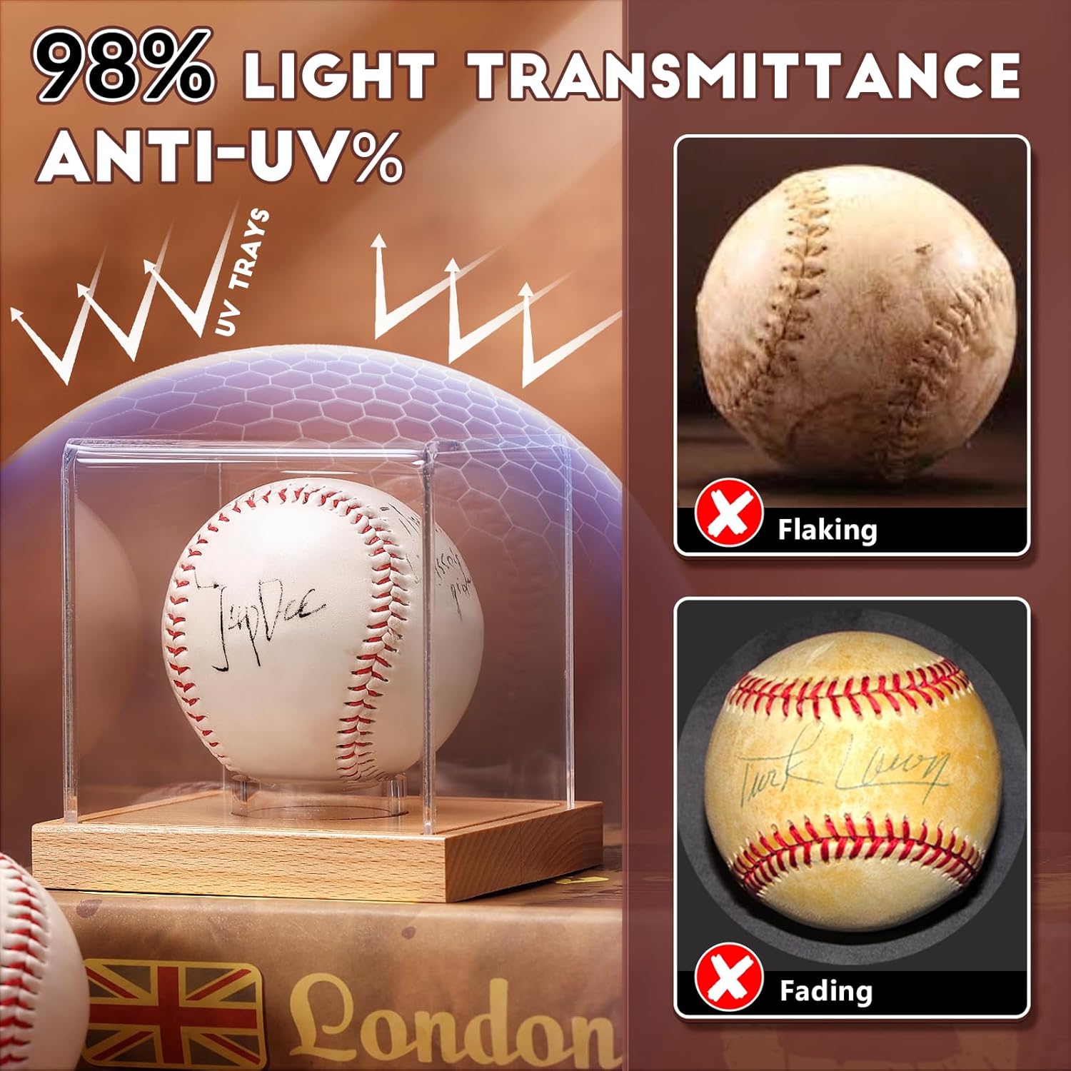 Crystal-clear acrylic baseball case showcasing a single ball with full visibility and UV protection.
