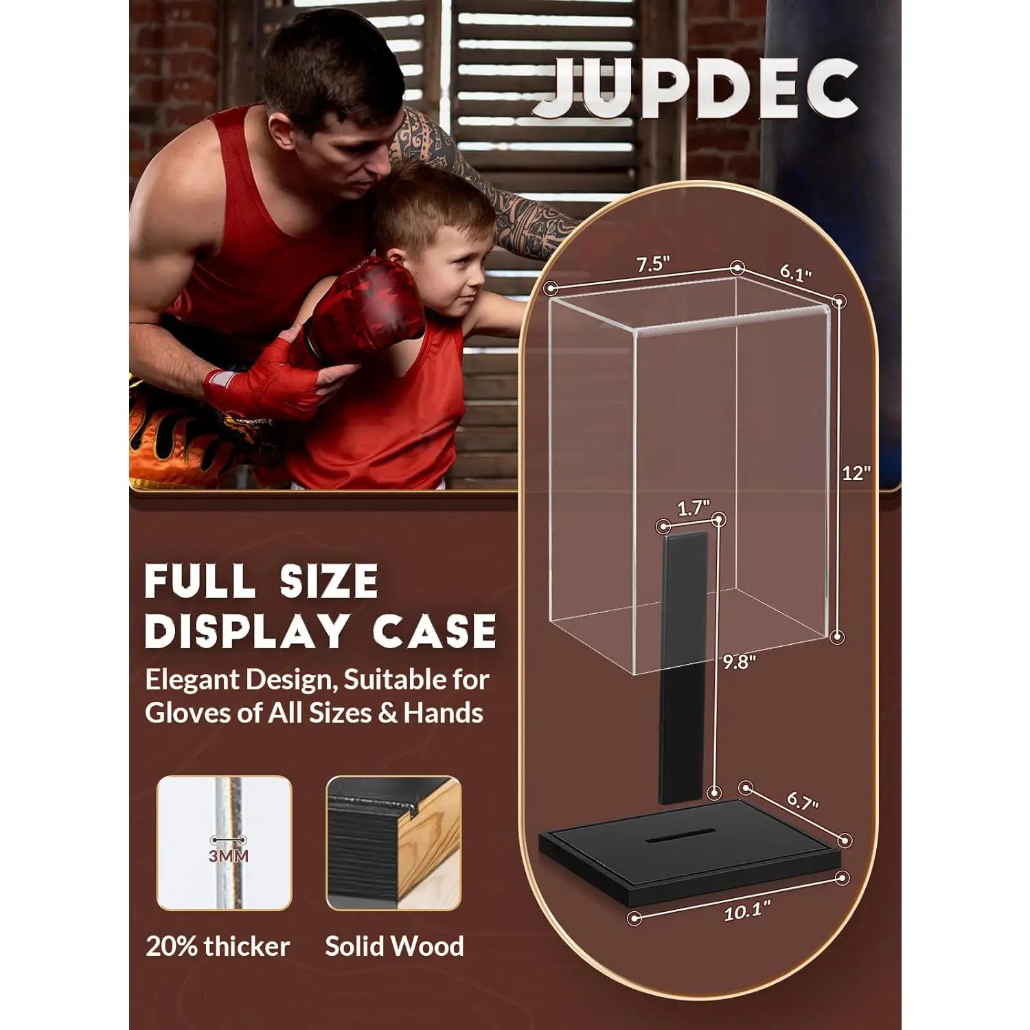 Compact and elegant boxing glove display cabinet with sleek acrylic case and solid wood base