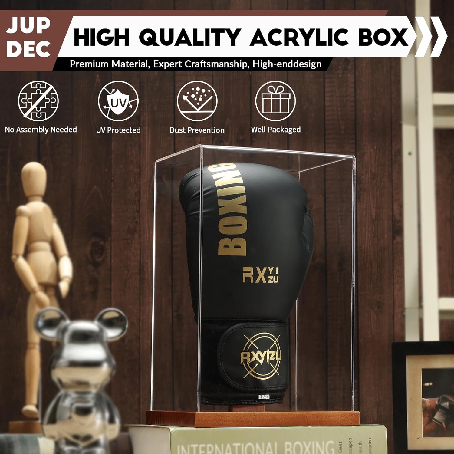 JupDec boxing glove display cabinet showcased in a modern office or home decor setting, highlighting compact elegance.