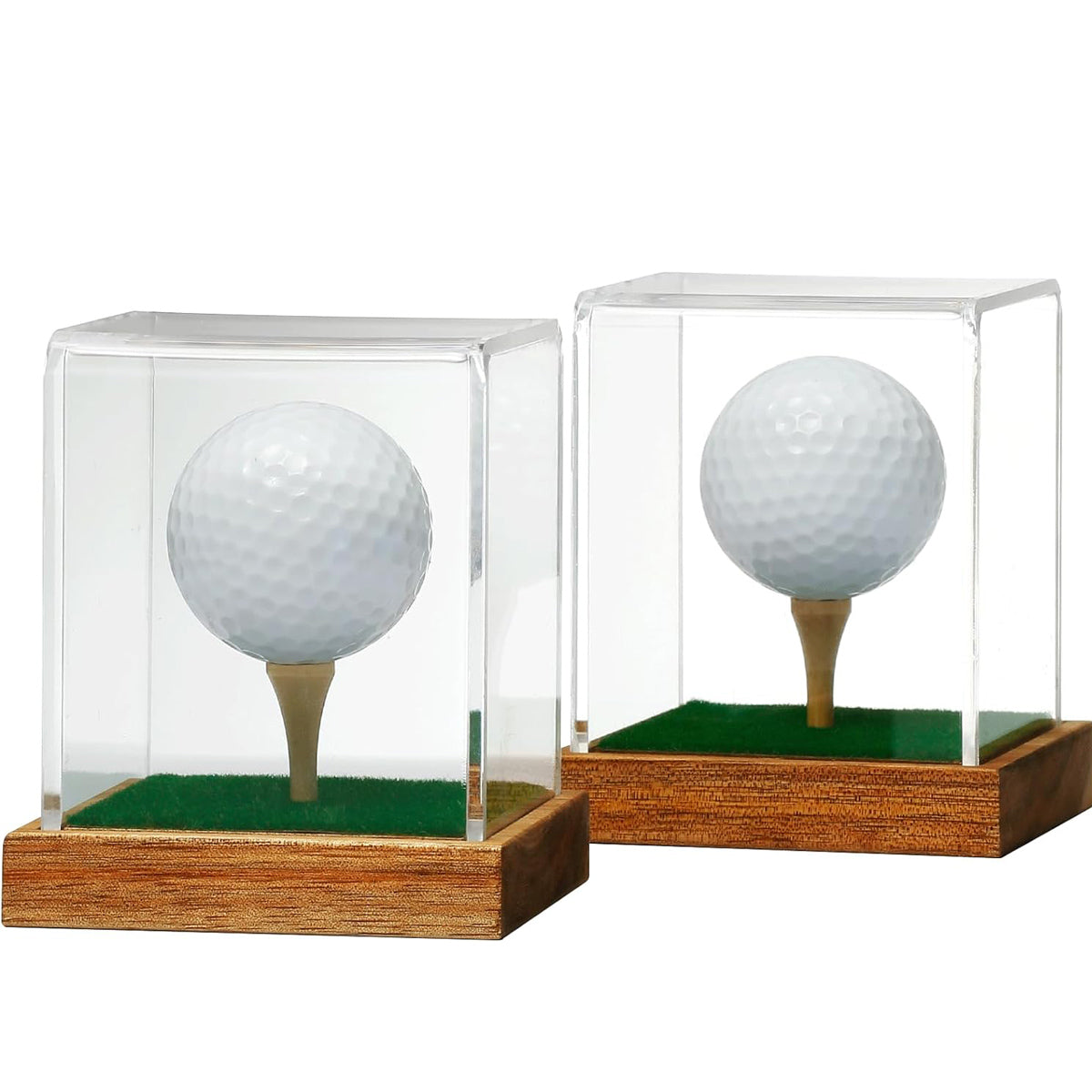 Set of 2 JupDec acrylic golf ball display boxes with wooden bases for collectible golf balls
