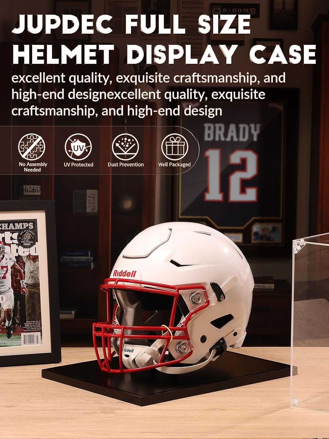JupDec Football Helmet Display Case, Full Size Acrylic Baseball Motorcycle Helmet Showcase