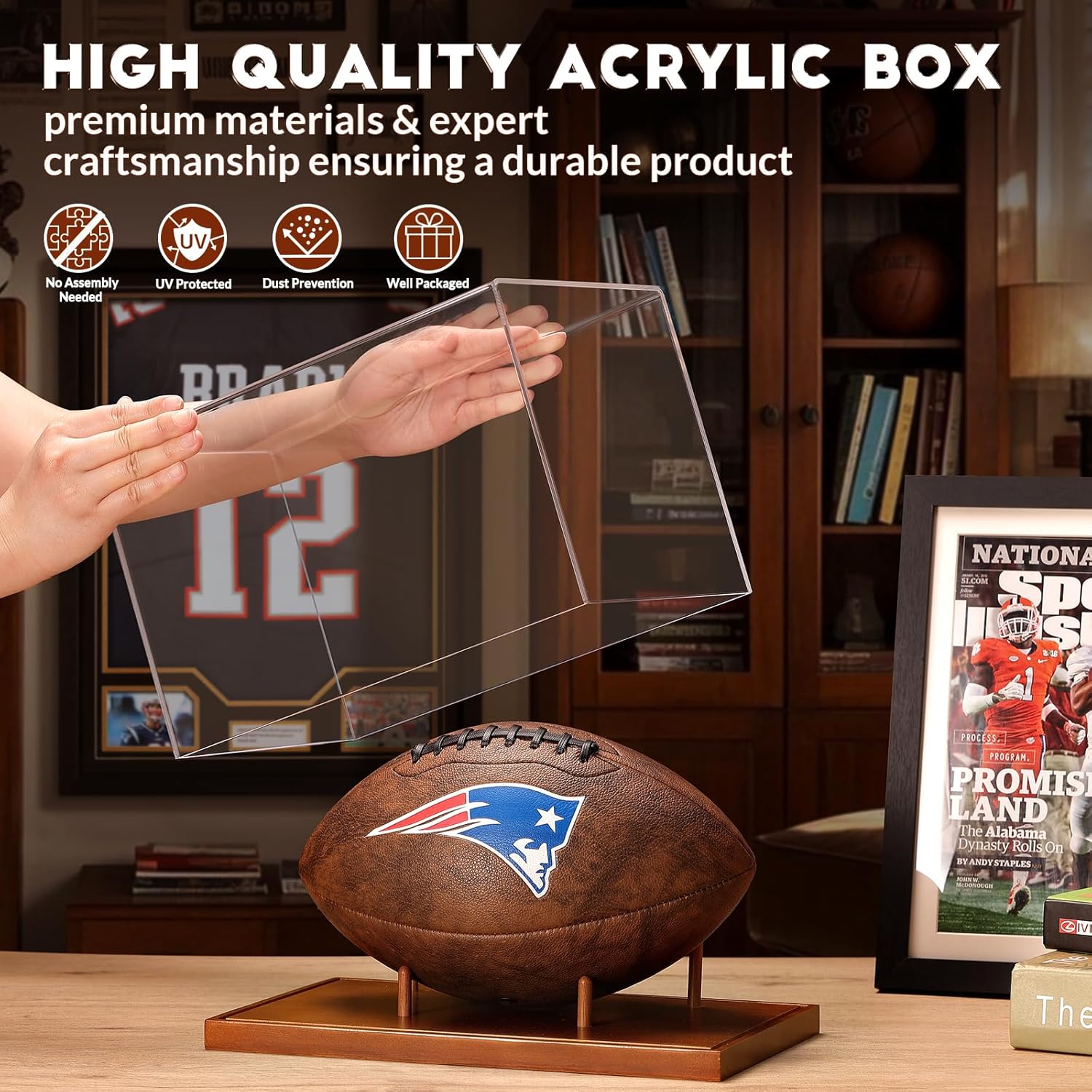 Close-up of football holder display case with solid wood base and floating acrylic support rods