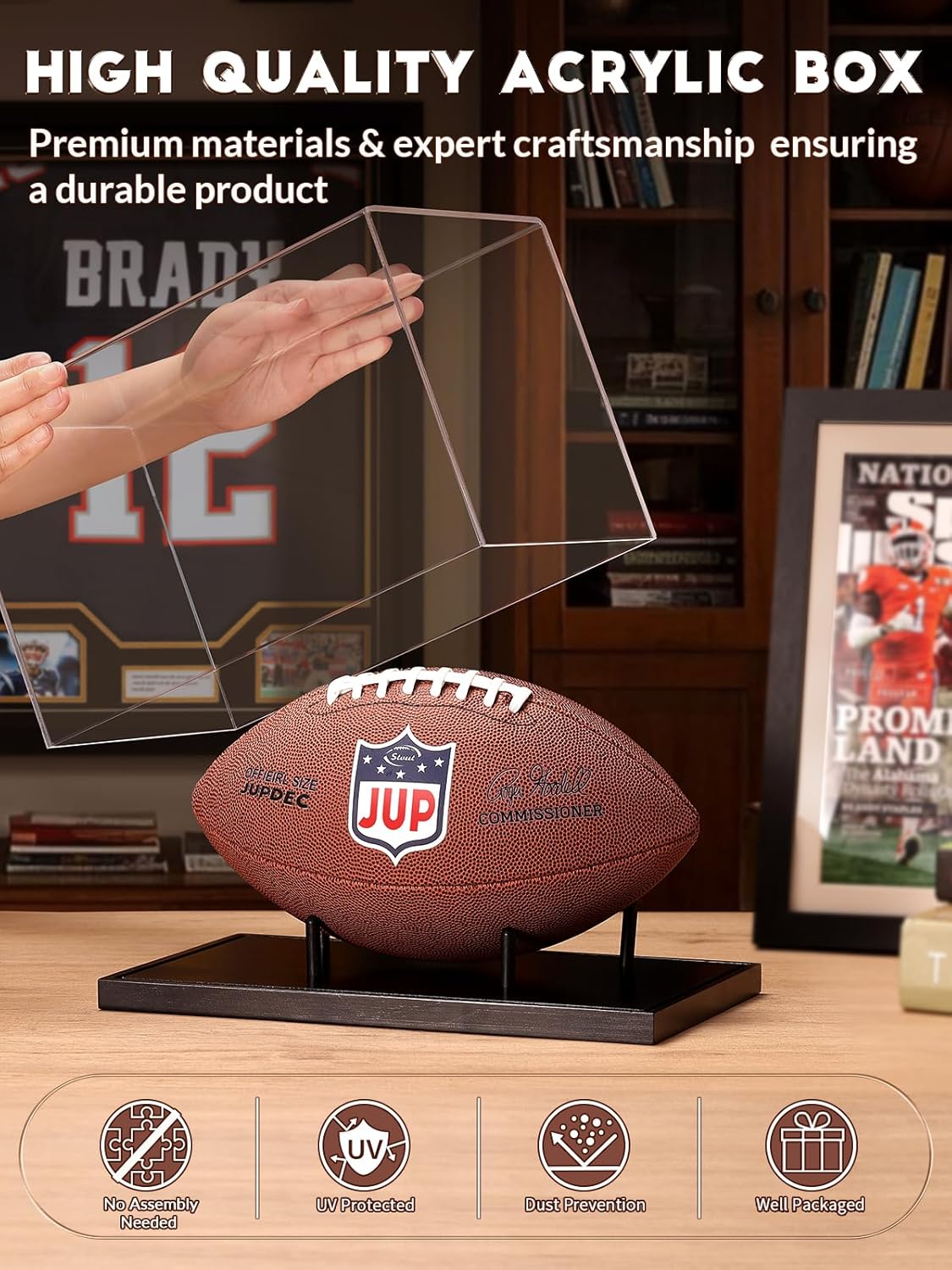 Black football holder display case showing ball supported by wooden rods on wood base