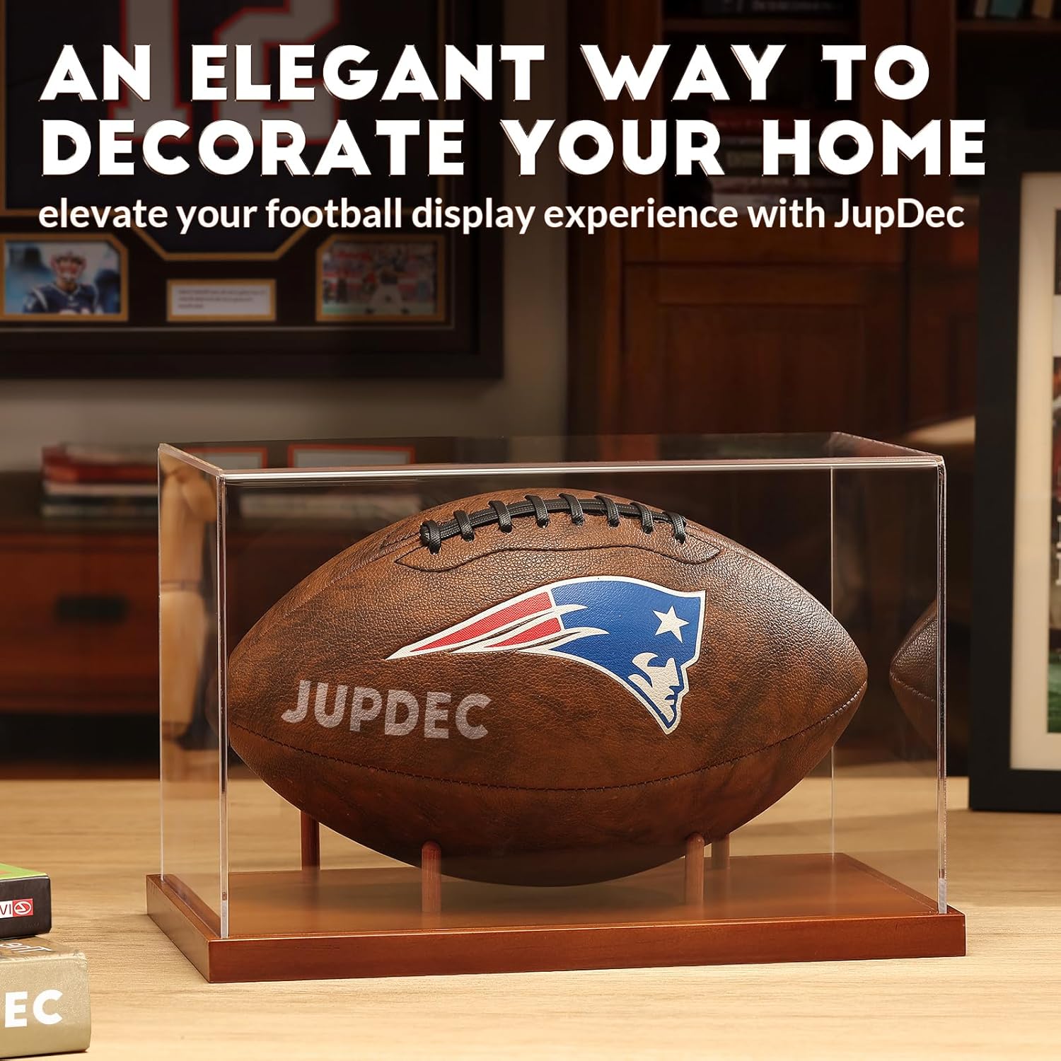 Brown football holder display case showing ball supported by wooden rods on wood base