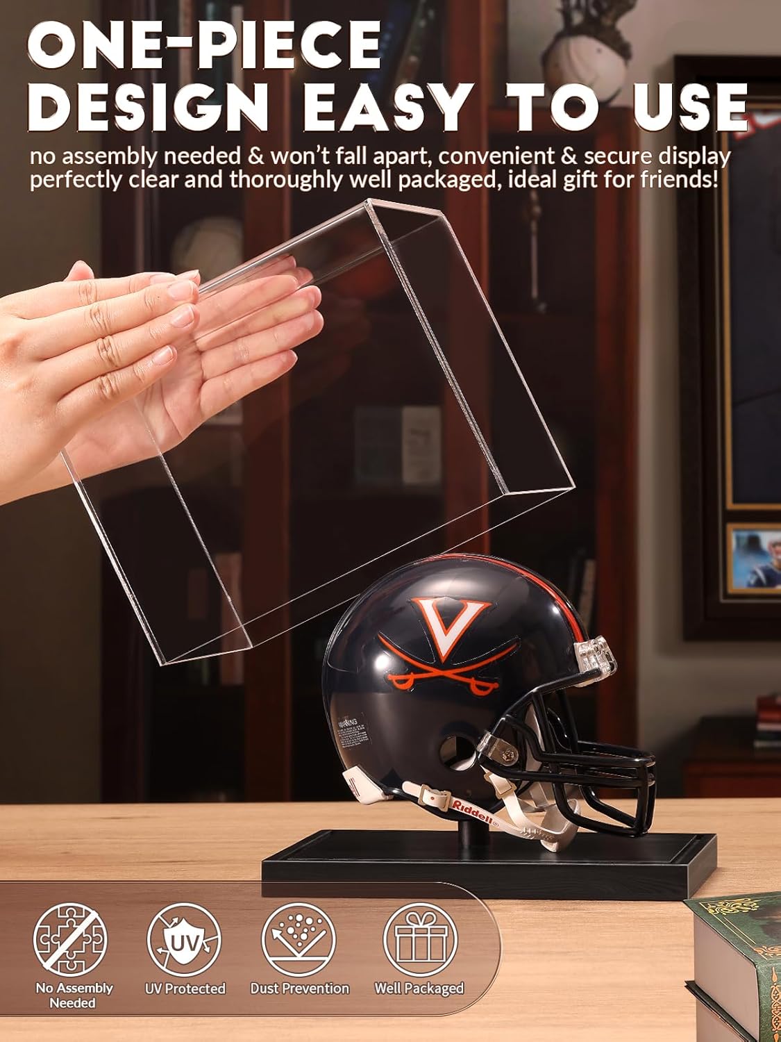 Mini football helmet displayed inside JupDec acrylic case with floating wood riser and crystal clear visibility