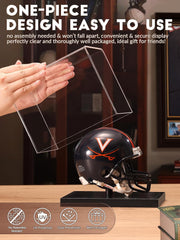 Mini football helmet displayed inside JupDec acrylic case with floating wood riser and crystal clear visibility