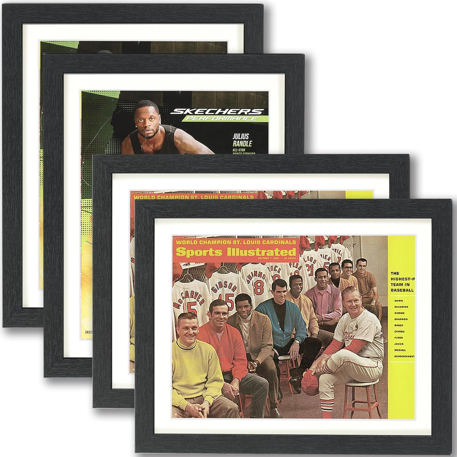 Four framed magazines displayed on a collector's wall using the 4-pack magazine picture frame set from JupDec.