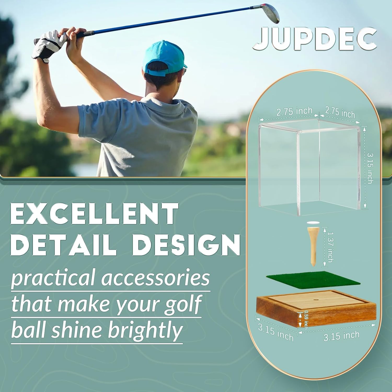 Simple setup for golf ball display box with adhesive dot and wood base
