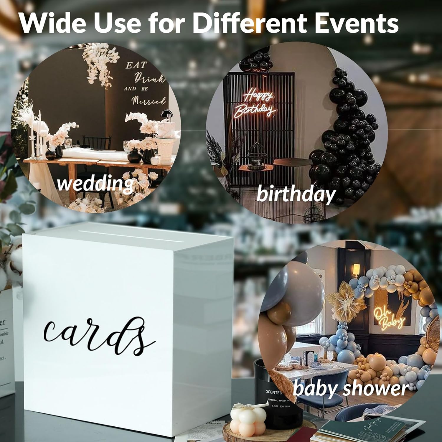 Multi-use card box for graduations, weddings, and parties with secure slot and sturdy design.