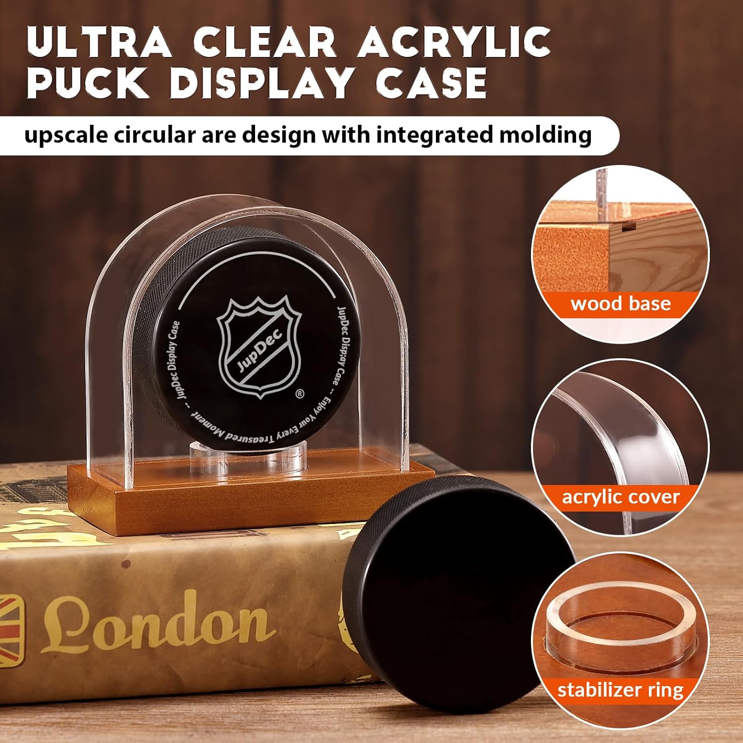 Premium hockey puck holder display featuring thick acrylic and a solid mahogany wood base.