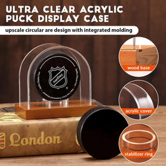 Premium hockey puck holder display featuring thick acrylic and a solid mahogany wood base.