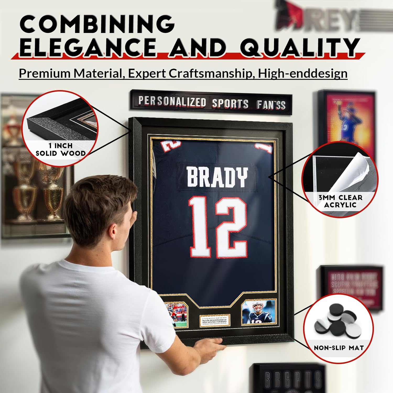 Wall-mounted jersey case showing secure installation and elegant decor in a modern living room
